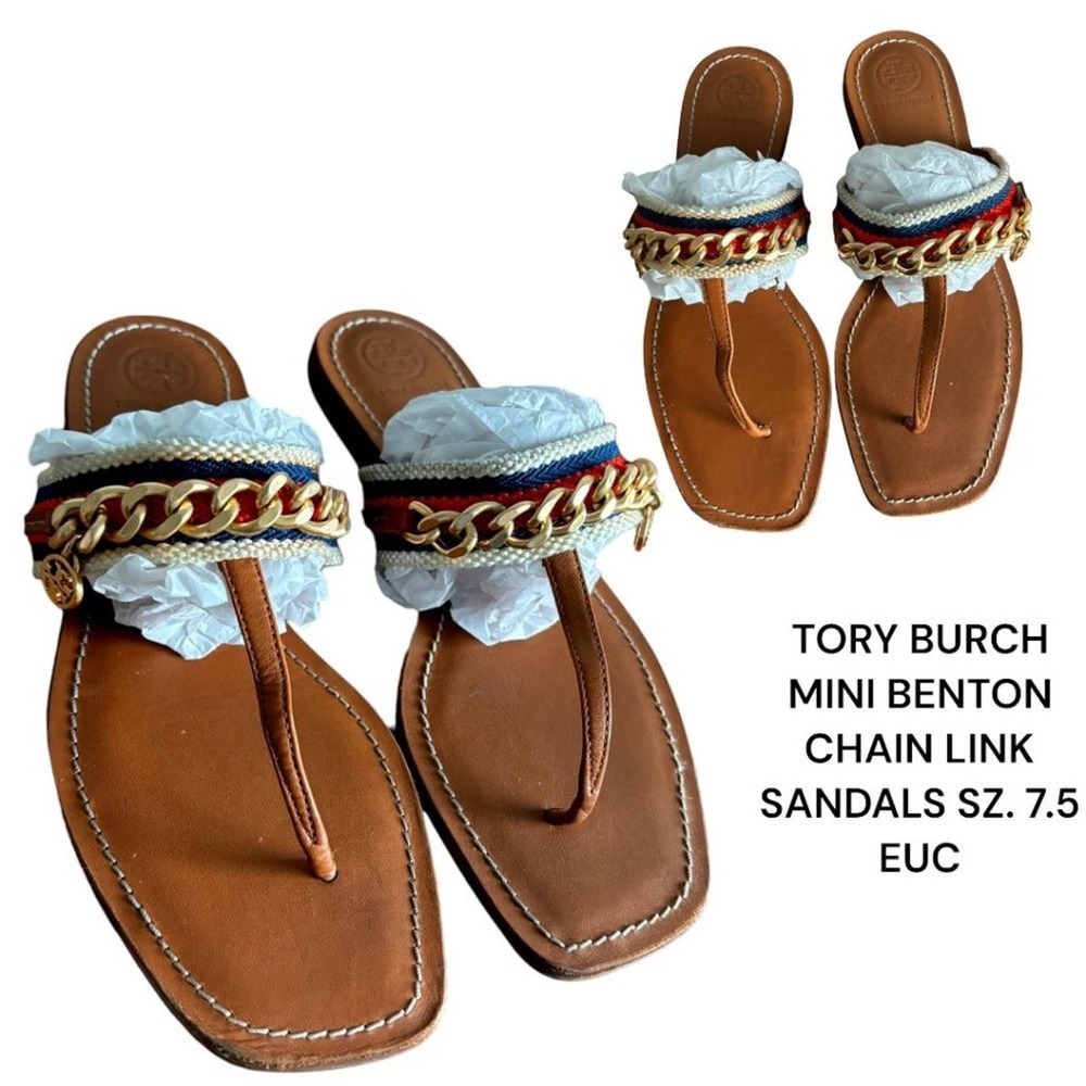 TORY BURCH MINI BENTON CHAIN BAND SANDAL CALF LEATHER SIZE 7.5 EUC